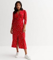 New Look Petite Red Floral Collared 3/4 Sleeve Midi Dress